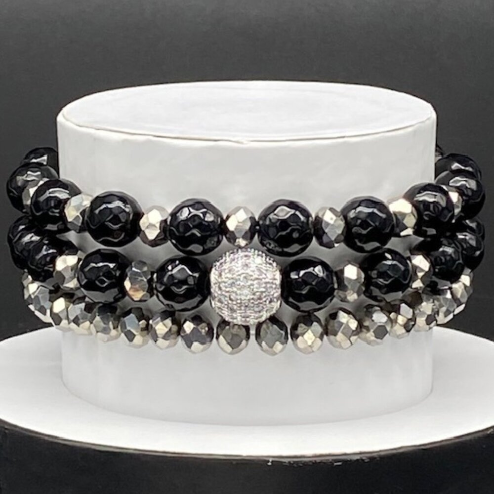 Genuine Black Jade & Sterling Silver Rhinestone Stack Bracelet